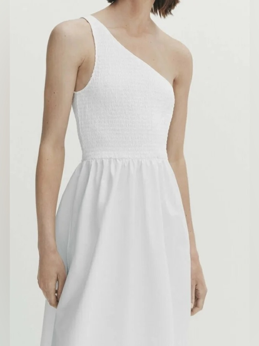 Massimo Dutti Smocked One-Shoulder Dress in White